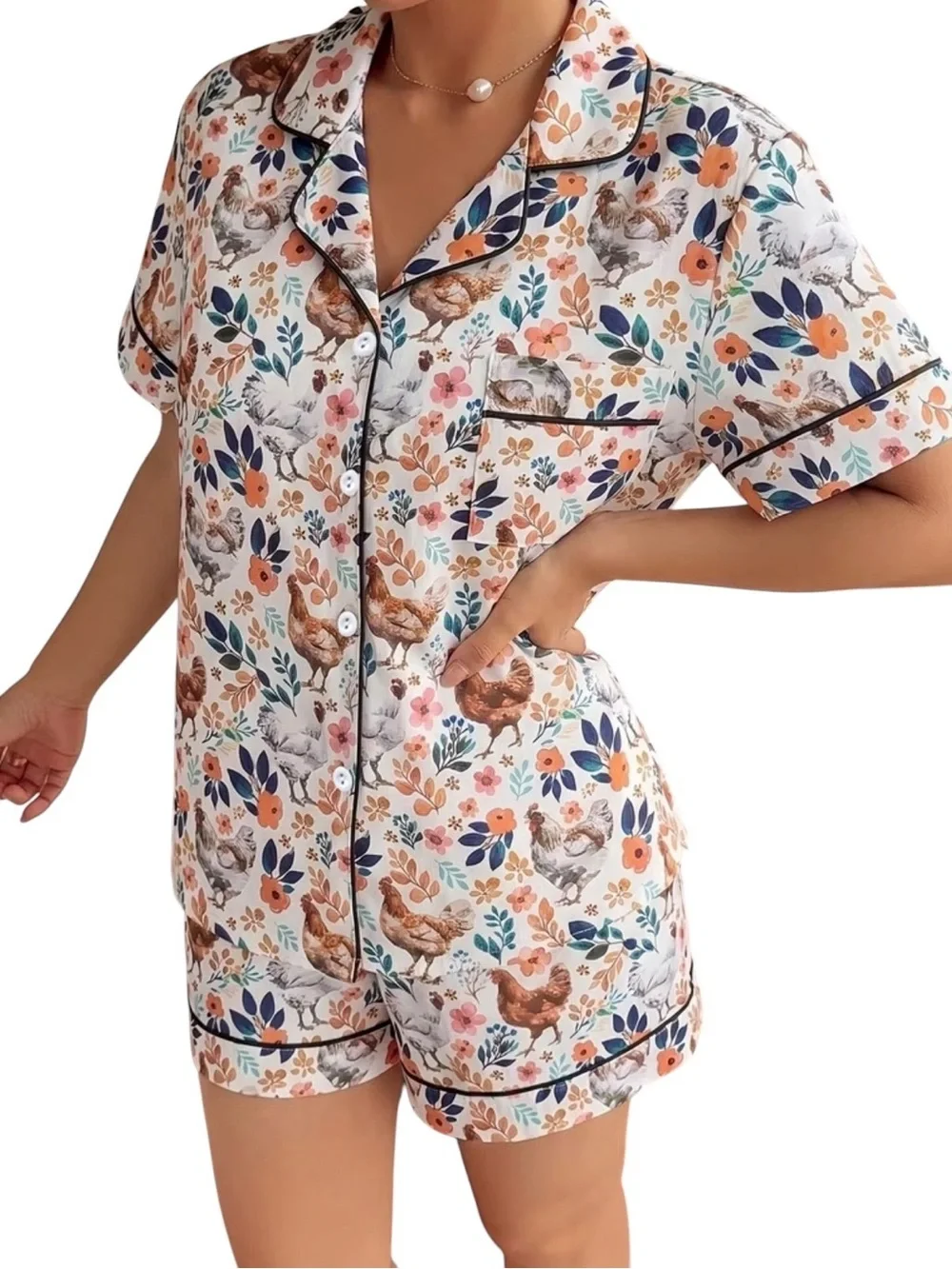 Cottagecore Chicken Print Pajama Set • NWT Cozy Farmhouse Short PJ Set L